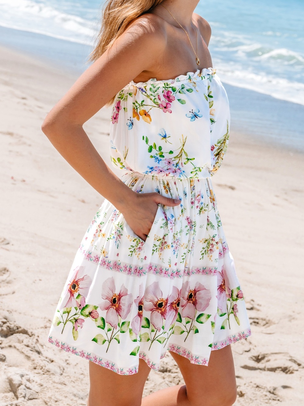 NWT Cupshe White Strapless Floral Sundress with Pink & Green Accents
